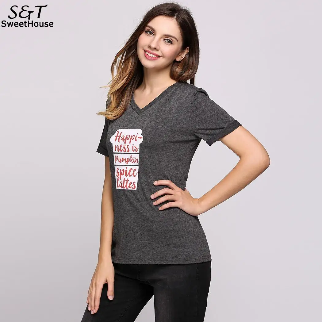 V шеи короткий рукав с принтом букв пуловер Футболка |