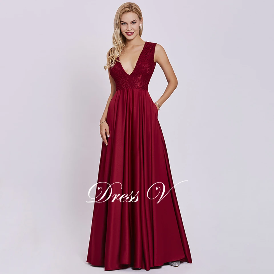 Dressv красное Элегантное Длинное Вечернее Платье Недорогое Платье трапециевидной формы с v-образным вырезом без рукавов для свадебной вечеринки кружевное вечернее платье es