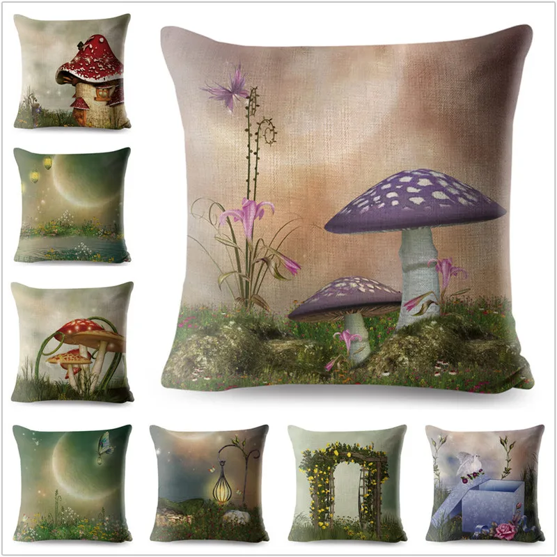 

Fantasy Scene Flower Mushroom Pillow Cover 45*45cm Linen Cushion Covers Home Decoration Pillow Case Sofa Living Room Pillowcase