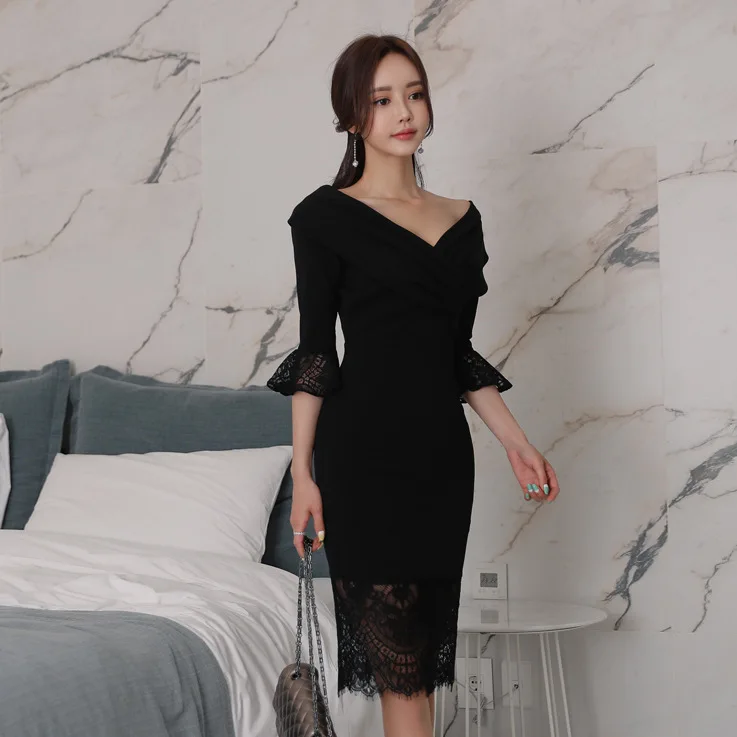 Сексуальное Кружевное Платье-футляр с глубоким v-образным вырезом и рюшами