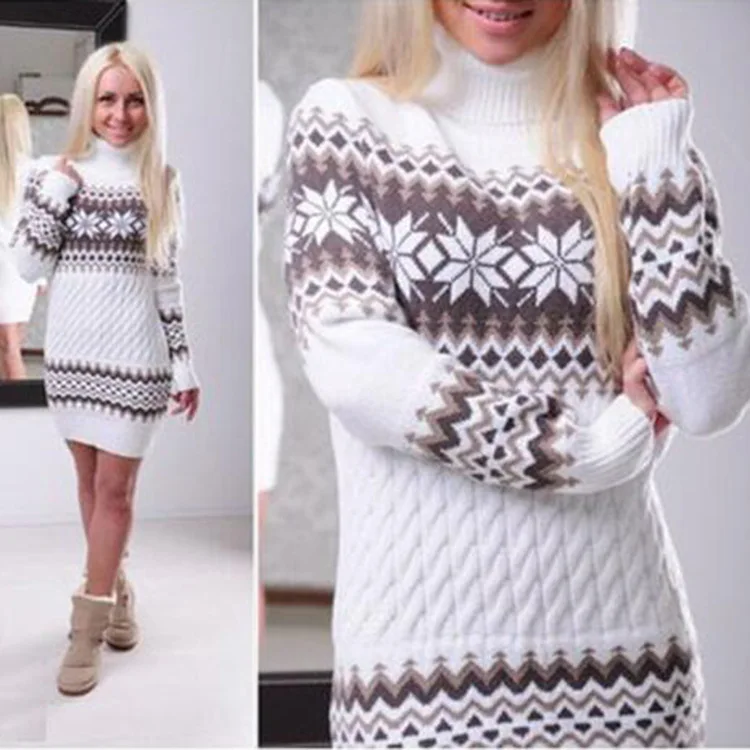 Long sleeve high collar printing European and American women's sweater snowflake pullove | Женская одежда