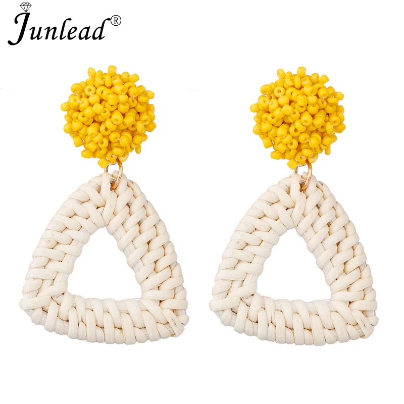 Junlead Wholesale Triangle Pendant Vintage Dangle Statement Earring Beaded Wooden Straw Weave Rattan Earrings For Female Bijoux | Украшения