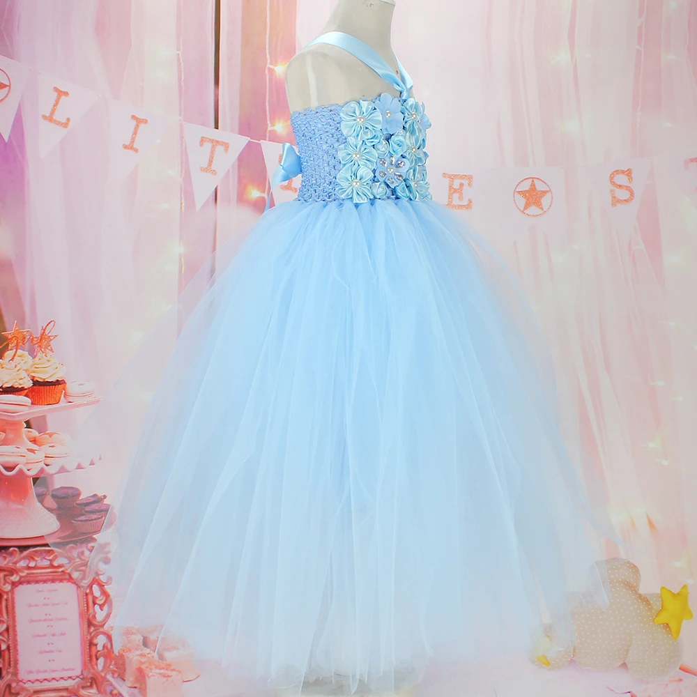 fashion flower girls light blue tutu dress birthday vestido menina for girl photo props baby party | Детская одежда и обувь