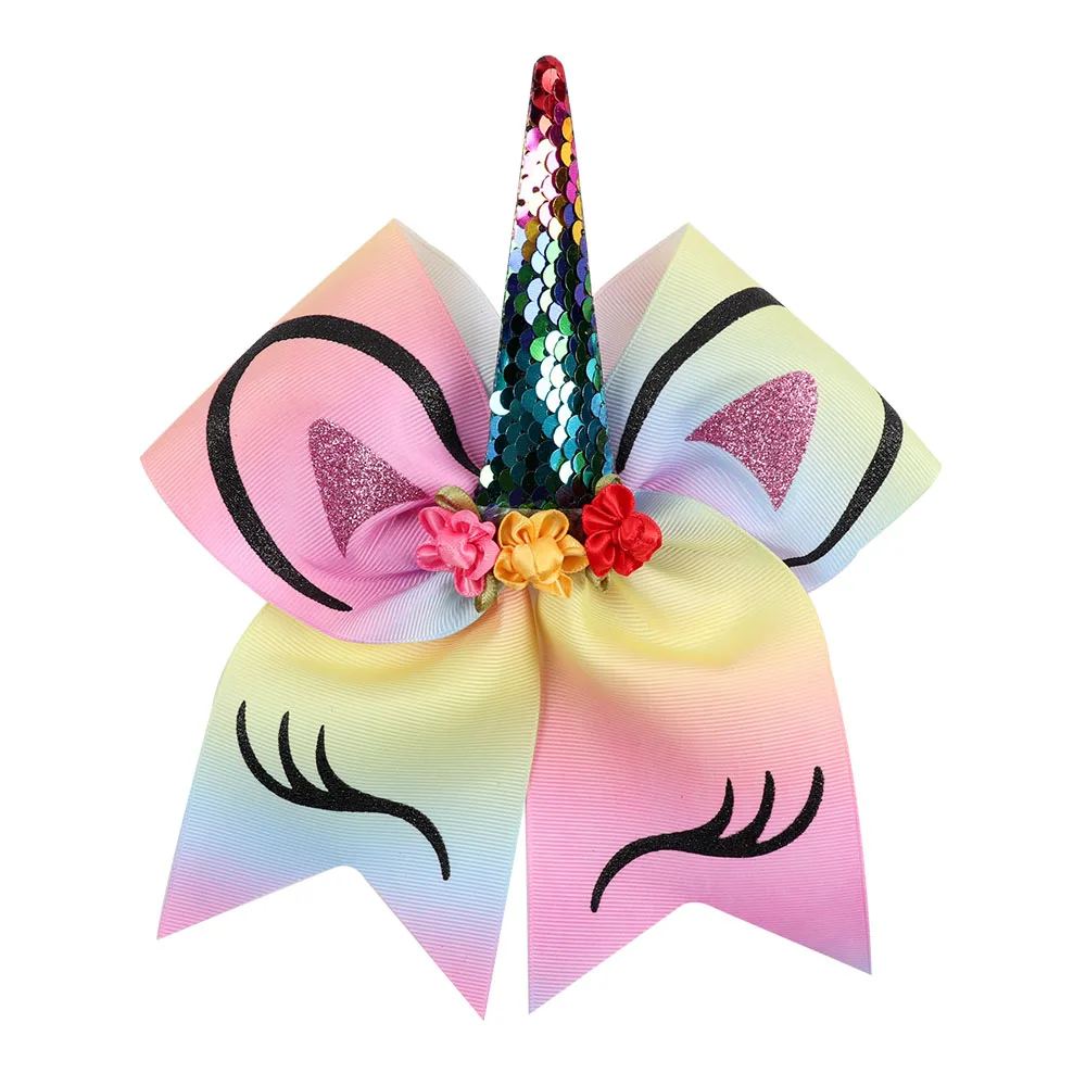 

Sequin Unicorn Cheer Bows With Rubber Band For Girls Kids Large Glitter Heart Ponytail Hair Bows Holder Hair Accessories
