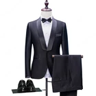 Смокинги для мужчин HB058 с одной пуговицей, черные, облегающие, с кружевной шалью, с отворотом, на свадьбу (куртка + брюки + с бантом)