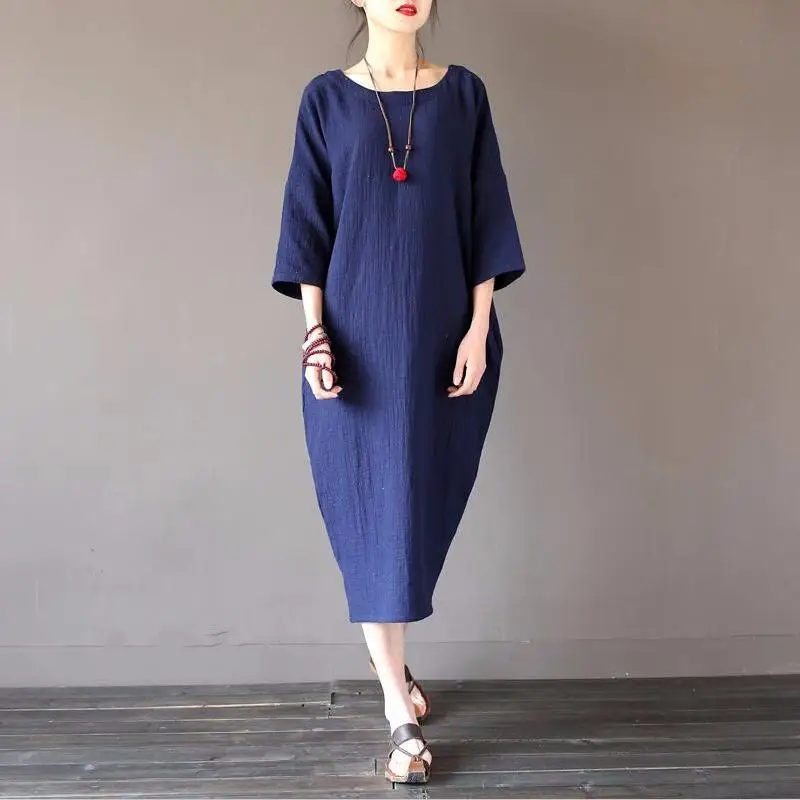 Женское свободное платье из хлопка и льна длинное винтажное большого размера с