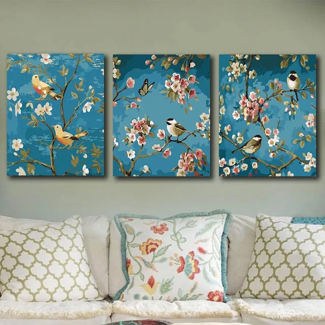 

DIY colorings pictures by numbers with colors Birds and flowers picture drawing painting framed decor three pieces