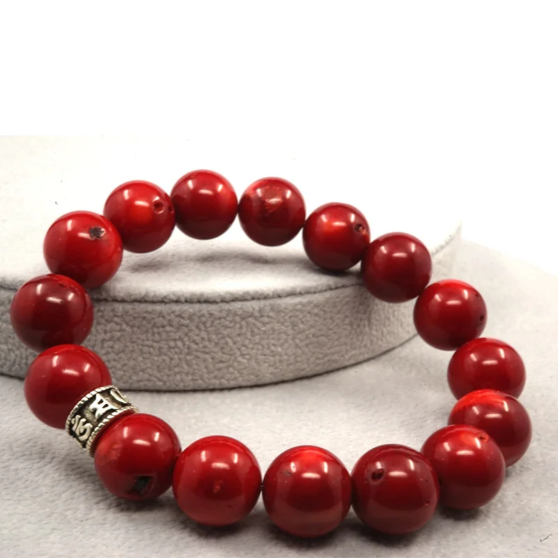 12 мм красные коралловые бусы буддизм браслет с тибетской символикой мужские