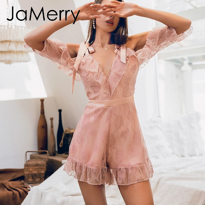JaMerry Винтаж Элегантный Раффлед открытыми плечами кружевной комбинезон для