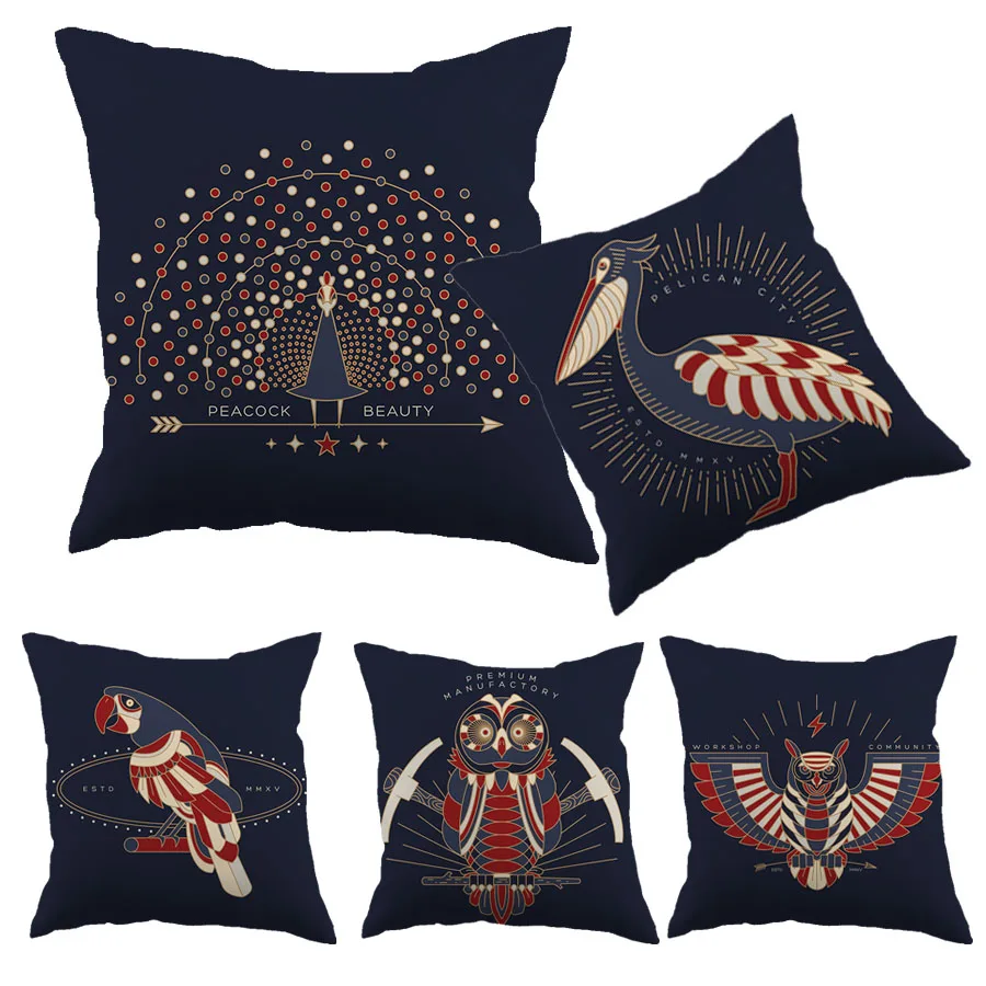 Дизайнерский Хлопковый чехол для подушки с рисунком птицы Liene темно синяя