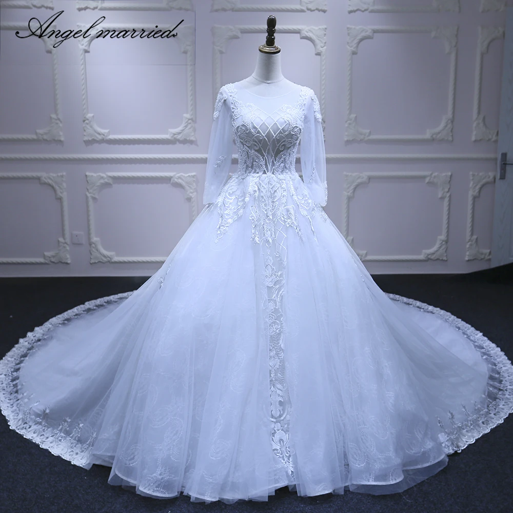 Angel married long sleeve wedding dresses beads Bridal dres lace Custom Made white ball gown tulle vestido de noiva | Свадьбы и