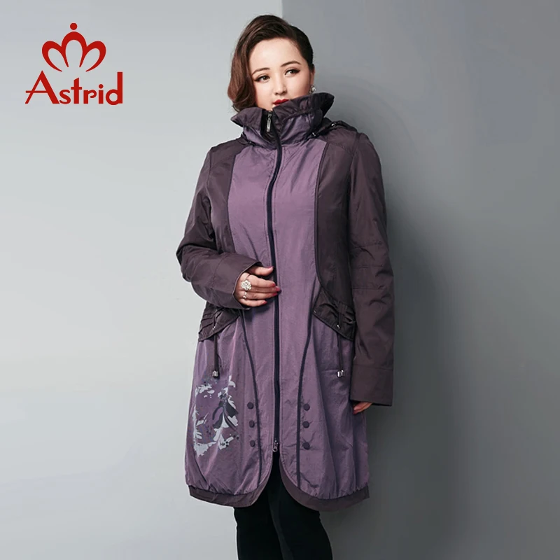 Astrid Весна для женщин ветровка с капюшоном большой размер печатных Кнопка Пальто