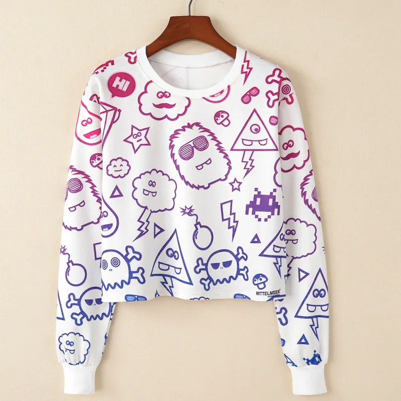 Женская Короткая Толстовка милая Harajuku с длинным рукавом толстовка принтом Sudadera