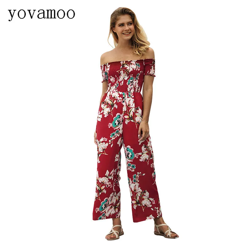 

Yovamoo Jumpsuits For Women 2018 New Floral Print Off The Shoulder Summer High Waist Wide Leg Trousers Rompers Womens Jumpsuit