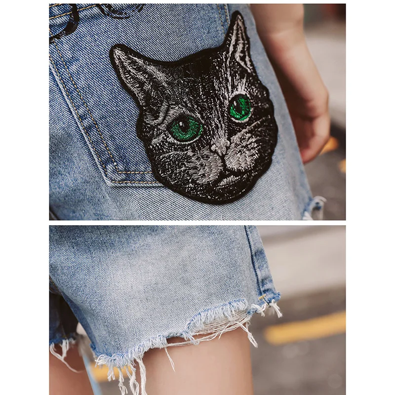 Новинка 2018 модные женские шорты с вышивкой в виде головы кота джинсовые высокой