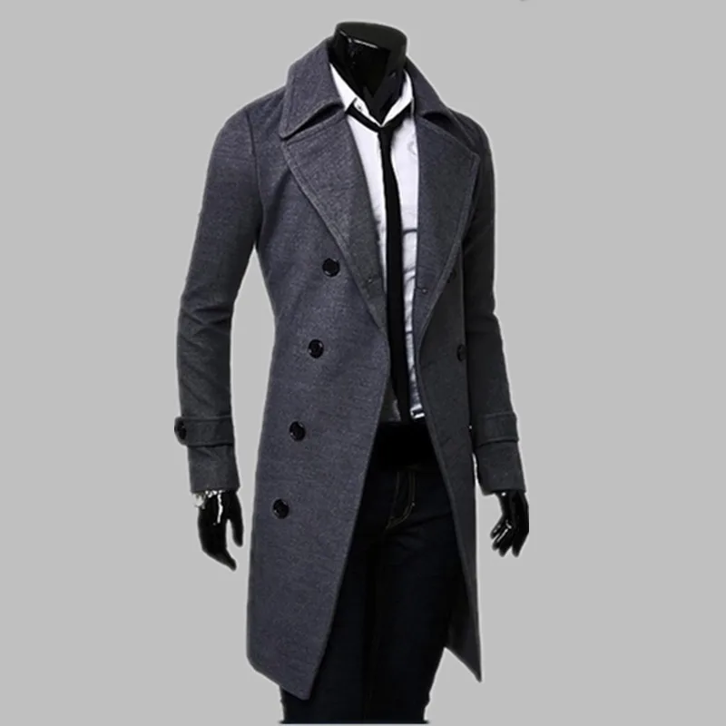 Тренчкот мужской длинный модное серое пальто облегающий двубортный плащ