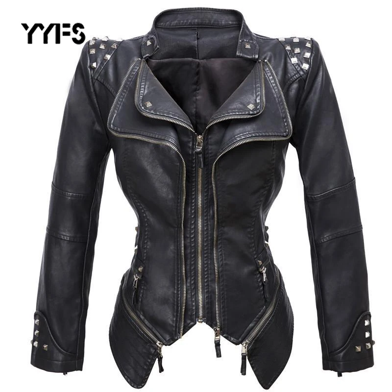 Женская мотоциклетная куртка из искусственной кожи черная с заклепками верхняя