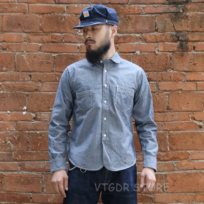 Мужская рубашка из Chambray Selvage Bronson голубая легкая Рабочая Рубашка для