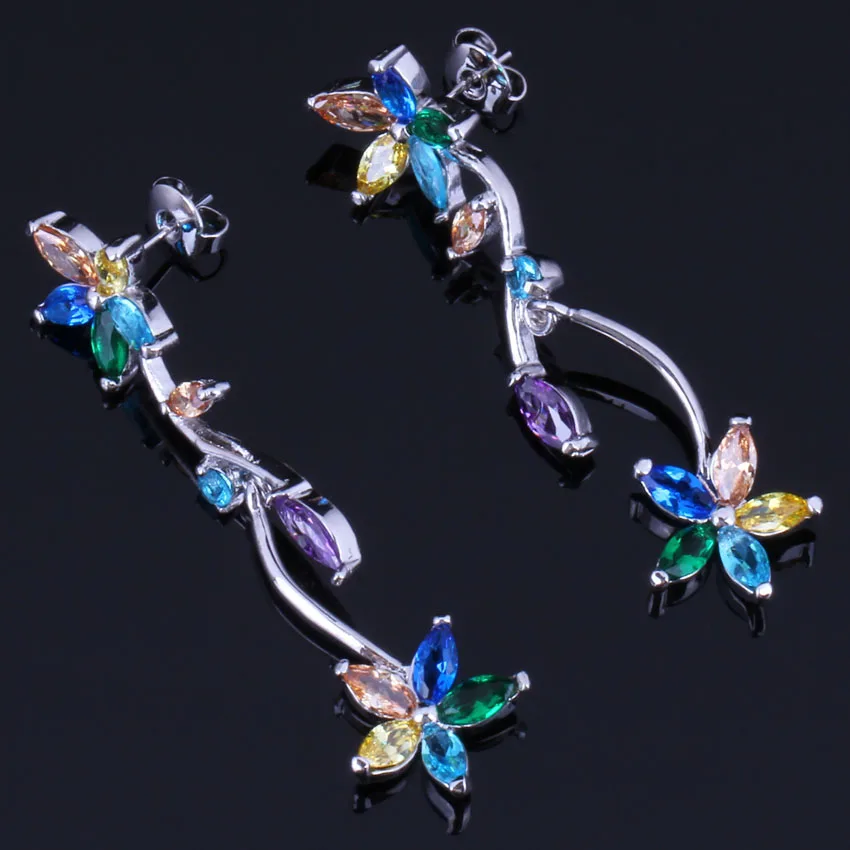 Серьги подвески с разноцветным желтым фианитом цветком и разноцветными
