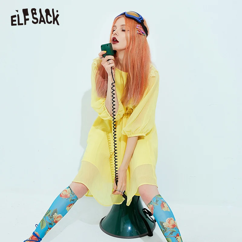 Женское платье с рукавами-фонариками ELF SACK, желтые однотонные винтажные кружевные шифоновые женские платья А-силуэта для лета