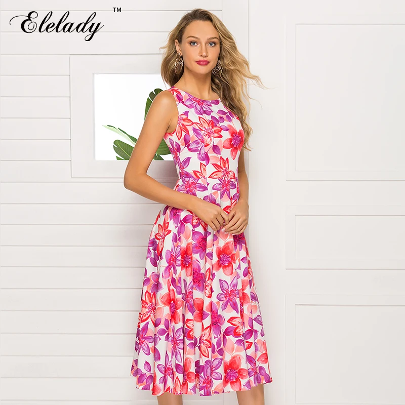 Southpire Women Sleeveless Midi Dress 2020 Spring Summer Fashion Floral Printed A line Elegant Casual Dress| |