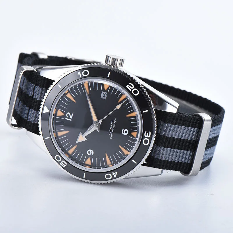 41 мм Мужские часы с сапфировым стеклом светящийся черный циферблат нейлоновый