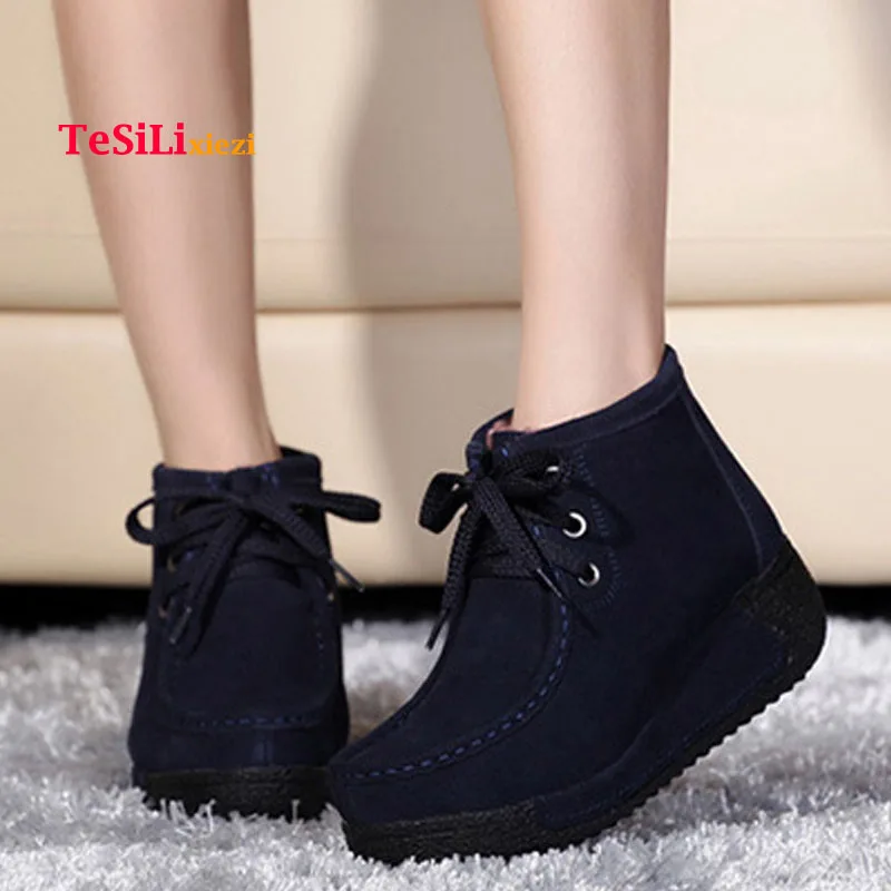 Женские зимние ботинки на толстой платформе Теплые ботильоны в британском стиле