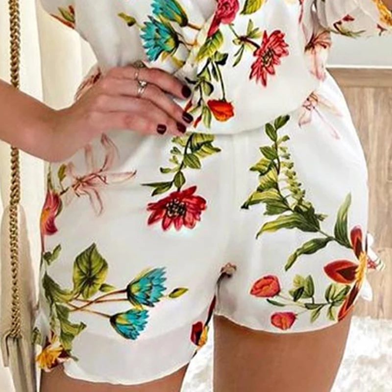 

3/4 sleeve wrap rompers womens jumpsuit Summer 2019 sexy v neck club playsuit Floral print jumpsuit shorts Casual overalls femme