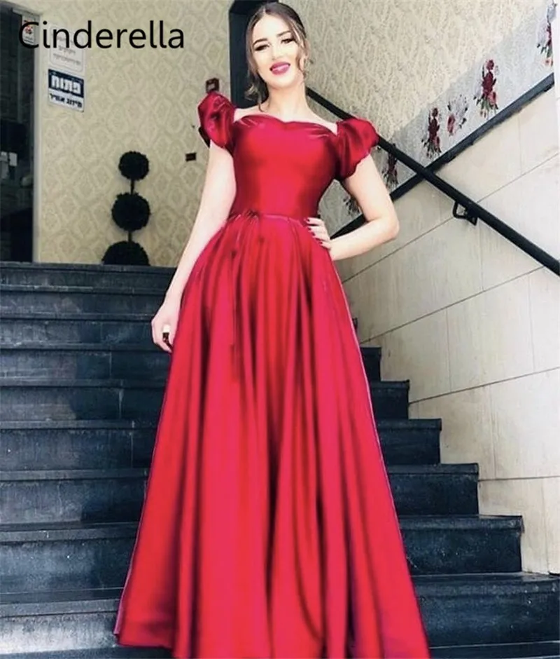 

Cinderella Red Sweetheart Short Sleeves A-Line Floor Length Lace Up Back Satin Evening Dresses vestidos de fiesta de noche
