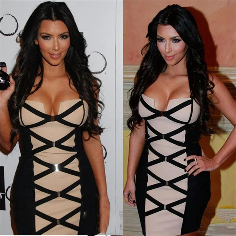 Женское Бандажное платье бежевого и черного цвета в стиле пэчворк на тонких