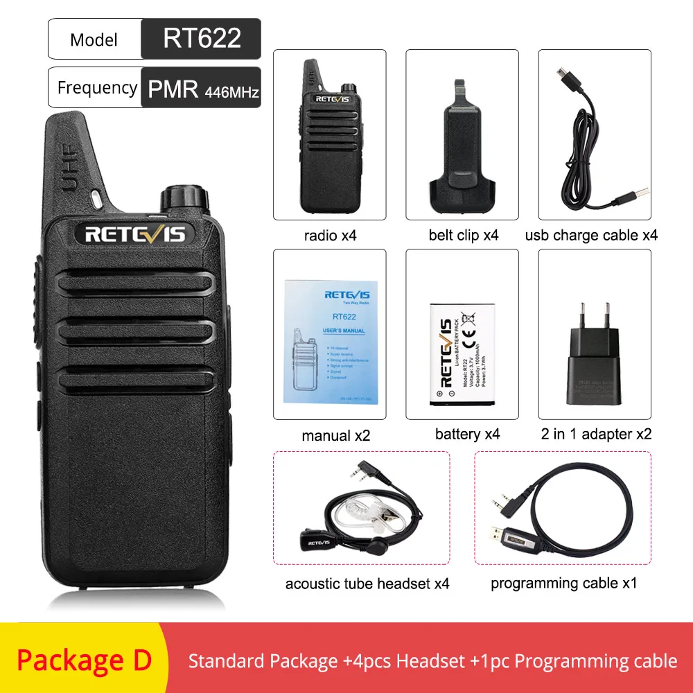 Package D 4 шт. RETEVIS RT622 RT22 мини PMR Walkie Talkie PMR радио PMR446 VOX Talkie Walkie Radio коммуникатор Walkie-Talkie Walk Talk - Цвет: Package D