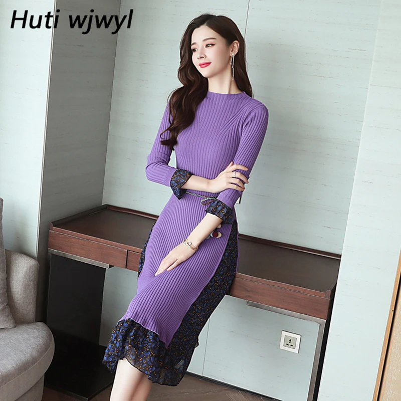 Осень-зима 2020 новое черное вязаное платье миди размера плюс женское элегантное