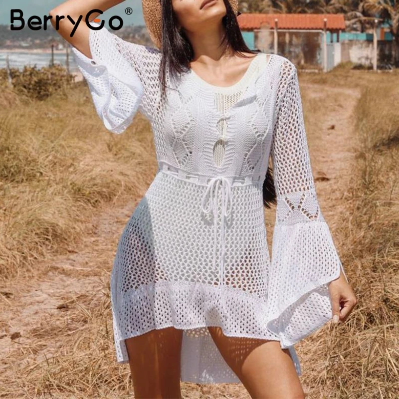 BerryGo сексуальное открытое Платье женское белое платье элегантные расширяющиеся