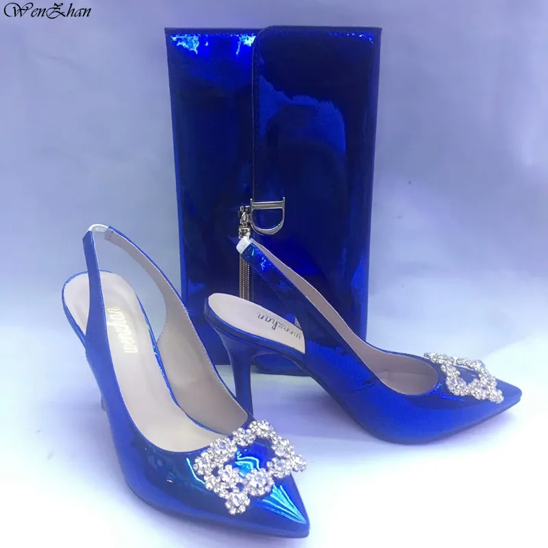 royal blue Милые туфли на высоком каблуке с ремешком на пятке и сумочкой туфли-лодочки с острым носком на тонком каблуке женские туфли на любой случай WENZHAN 86-2 - Цвет: royal blue