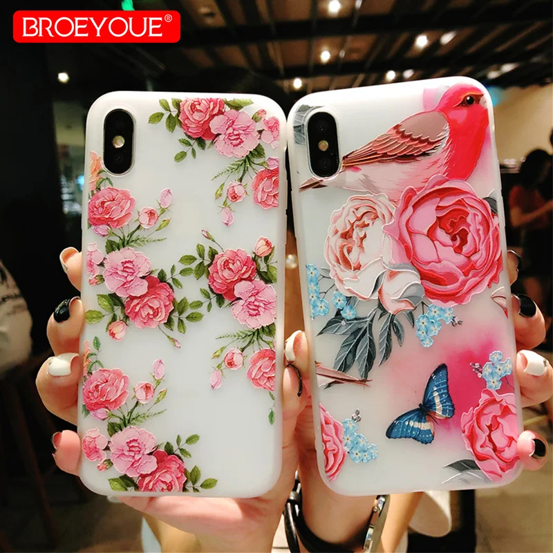 BROEYOUE Цветочные чехол для iPhone 6 S Plus 7 8 X 3D мягкий рельеф ТПУ Цветок Окрашенные 5 5S SE