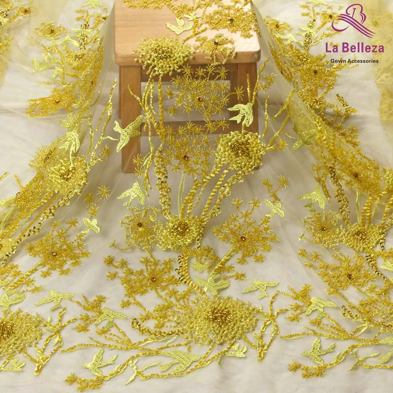 Yellow La Belleza модный дизайн слоновая кость/грязно-розовый/черный/Королевский тяжелый ручной работы бисером кружева, кружевная ткань из стразов 1 ярд - Цвет: Yellow