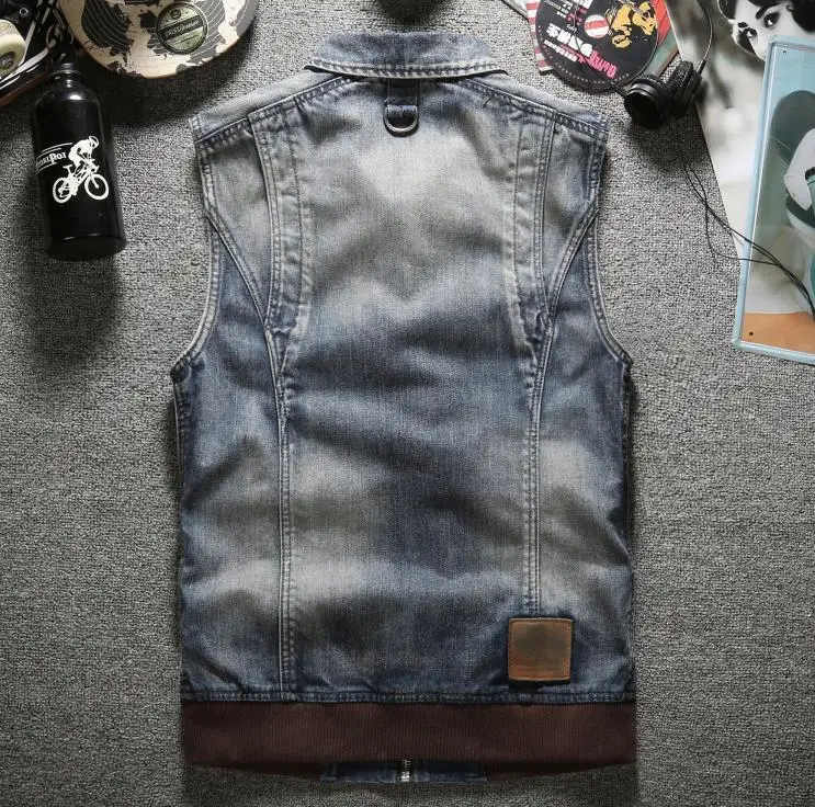 Мужской Байкерский джинсовый жилет светло-голубой на молнии уличная одежда