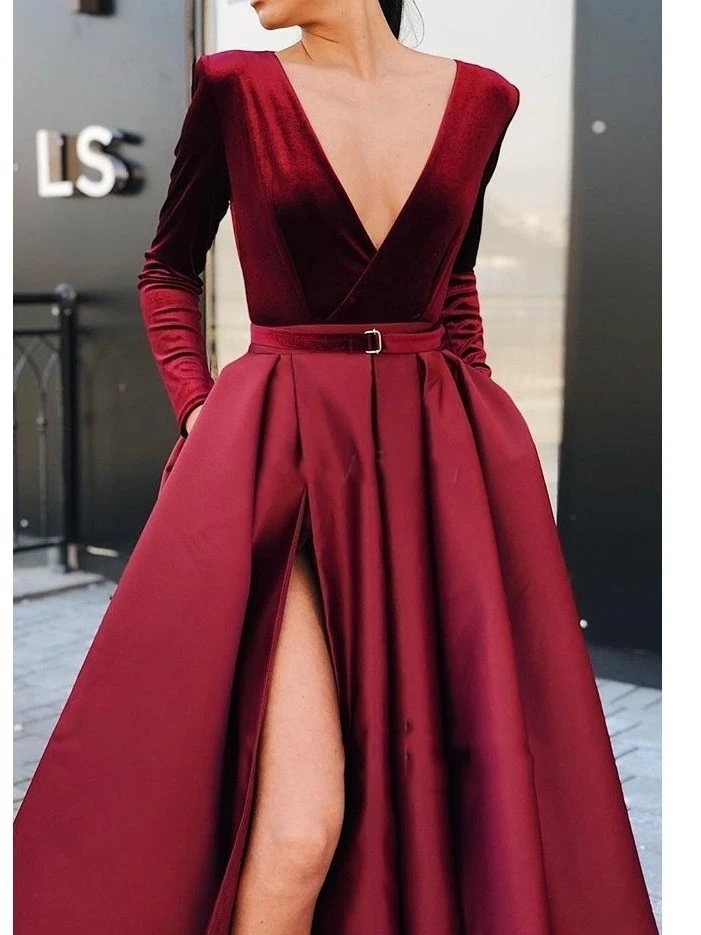 

Dark Red Split-Front Evening Dresses Long Sleeves Plus Size Formal Dress Women Elegant Party Prom Gown