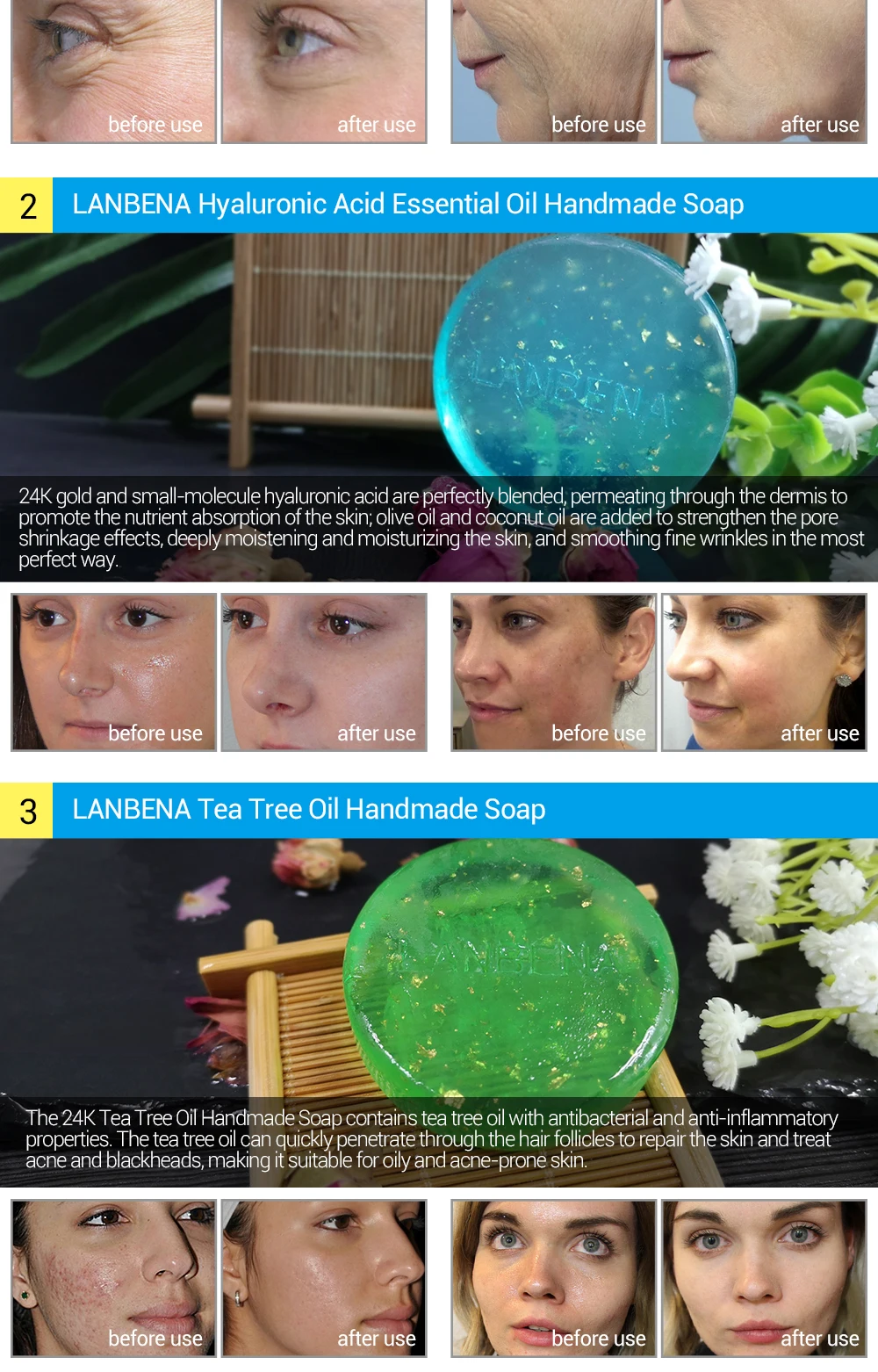 Купить 3 получить 1 подарок LANBENA 24K золото мыло ручной работы гиалуроновая кислота+ морские водоросли+ чайное дерево Очищение лица 3 шт+ черника отбеливающая сыворотка
