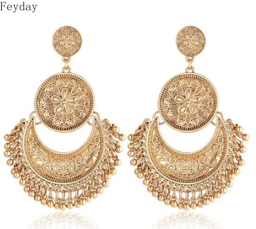 

Ethnic Gold Color Long Drop Indian Earrings Vintage Big Fan Shape Dangle Earrings for Women Girls Indian Jewelry Fashion Tassel