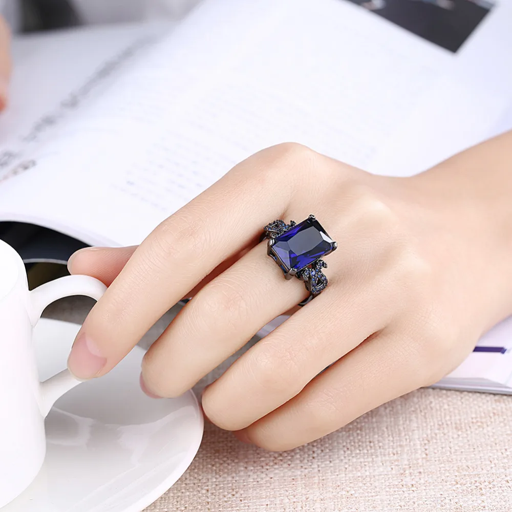 

Exquisite jewelry Blue Stone Rings for Women Black Gun Plated Ring size 6 7 8 9 R2066