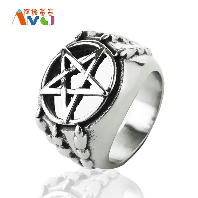 Amgjek 19 мм полый пентаграмма кольцо коготь Титан Сталь Для мужчин Кольца Панк