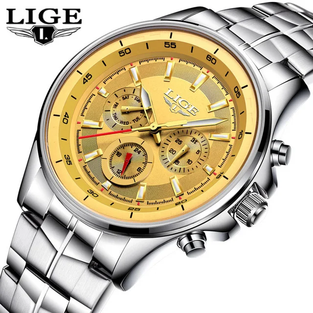 Steel gold Лидирующий бренд, Роскошные мужские часы LIGE, военные спортивные кварцевые часы, мужские деловые кожаные водонепроницаемые часы с хронографом, Relogio Masculino - Цвет: Steel gold