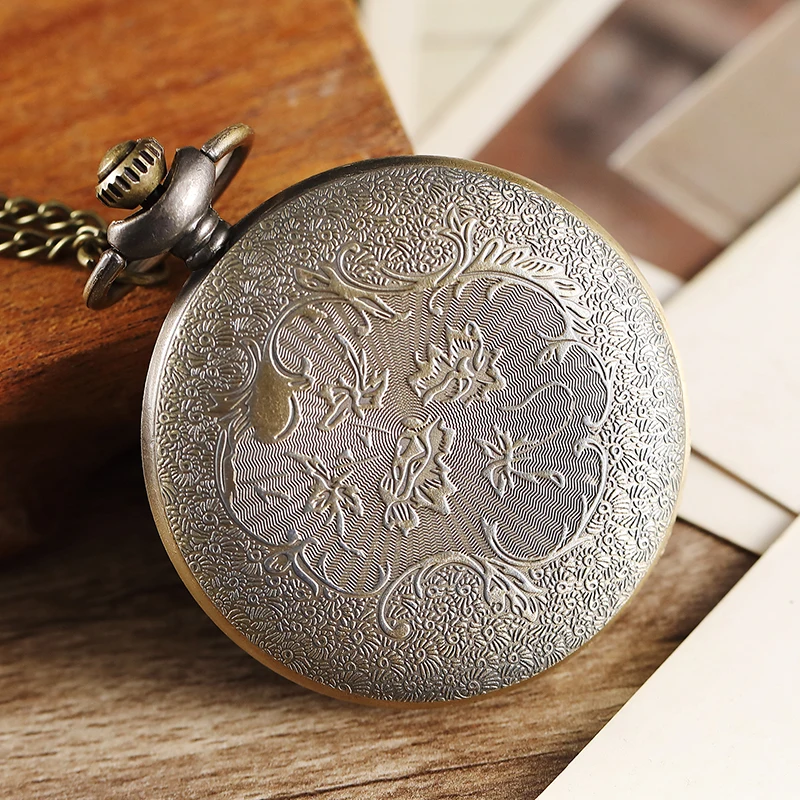 

Retro Purple Two Owl Pattern Pocket Watch Women Men Painted Bronze Steampunk Pocket Watch Elegant Womens Necklace Pendant Chain