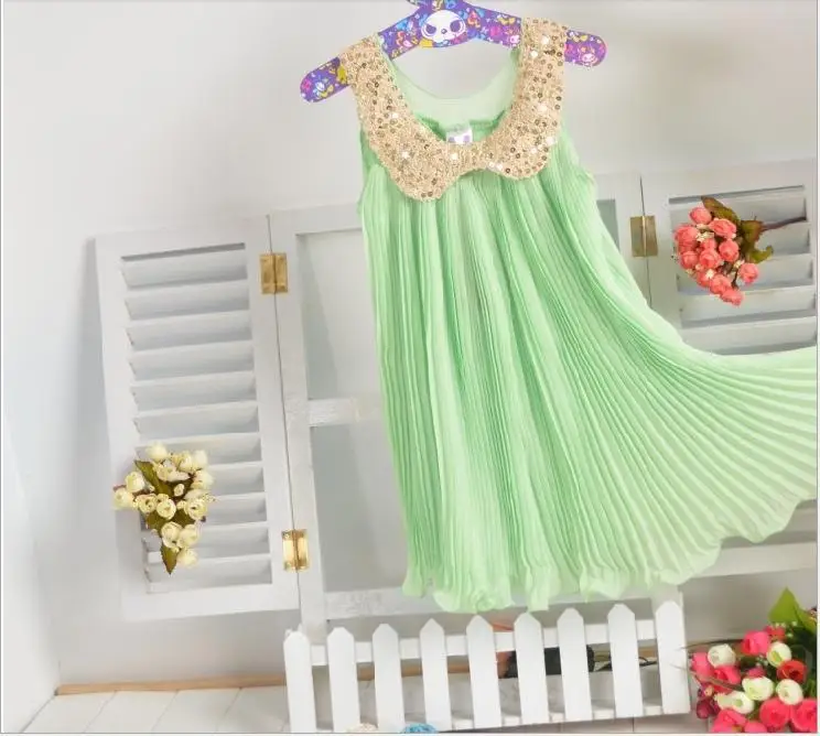 Hot sale! 2019 Summer Girls Pleated Chiffon One-Piece Dress With Paillette Collar Children Colthes For Kids Baby Pink/Green | Детская