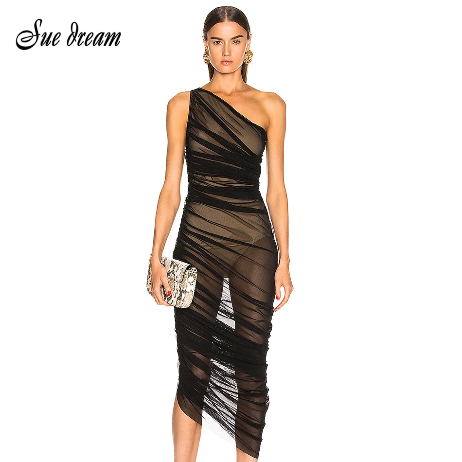 2021 летнее платье сексуальное с одним плечом и сеточной сетки черным пояском для