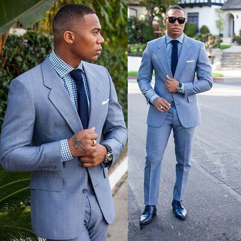 

High Quality Fashion Light Blue Groom Tuxedos Groomsmen Slim Fit Best Man Blazer Mens Wedding Suits (Jacket+Pants)