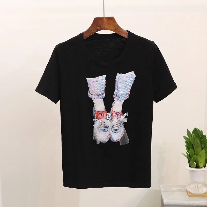 Женский костюм двойка с блестками футболка 3d рисунком из мультфильма и ажурные