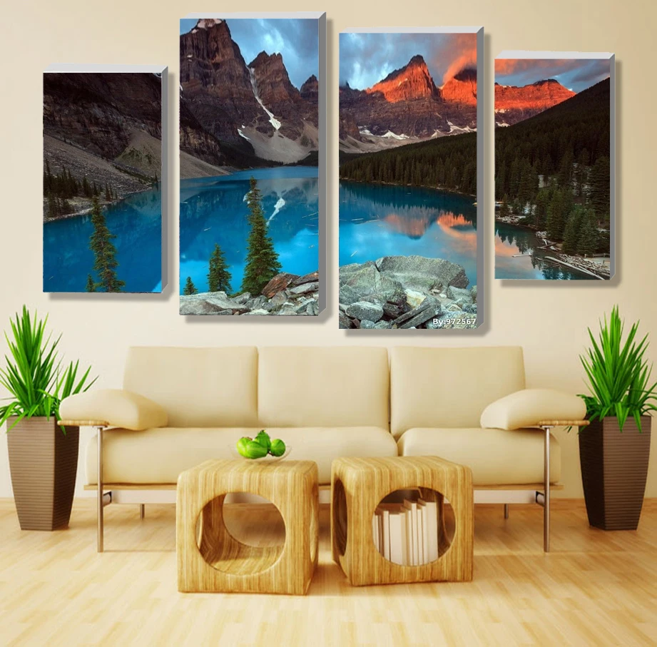 4 Панель наборы Красивый водопад пейзажная живопись цветы современные картины на