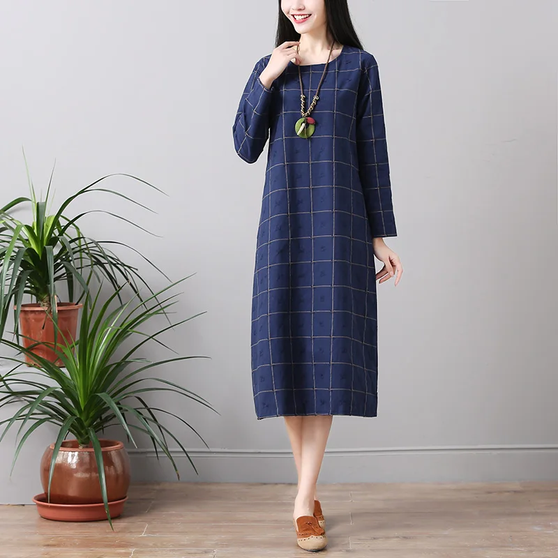 Весна 2018 Ретро стиль большие размеры лен и хлопок длинный рукав в клетку